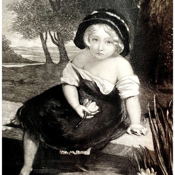 Water Lily Steel Engraving 1859 Victorian Adorable Girl At The Pond Art DWY5C